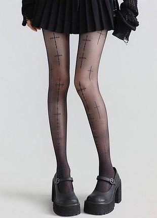 Колготы женские черного цвета с рисунком, колготы готические с рисунком в виде черных крестов