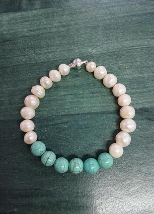 Браслет з натуральних перлин і бірюзи