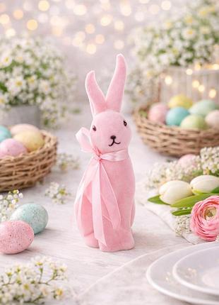 Фигурка декоративная “кролик с бантом” флоковая, розовая — пасхальный декор