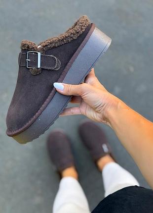 Натуральная замша + мех!!️ женские сабо тапочки на меху коричневое