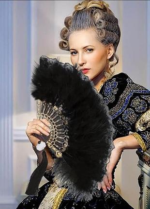 Веер чёрный гипюровый ажурный перьевой пух + брелок в стиле 1920-х гг