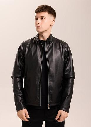 Мужская кожаная куртка pobedov brim черная демисезонная на молнии
