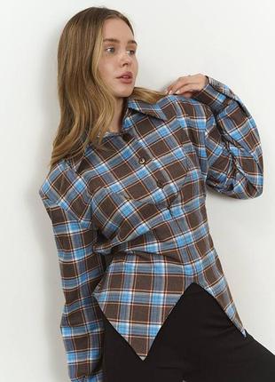 Картата байкова бежева в  клітинку жіноча приталена трендова сорочка клітка з імітацією корсета