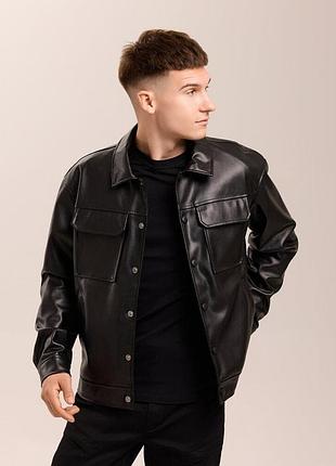 Чоловіча шкіряна куртка pobedov arkon чорна демісезонна на кнопках