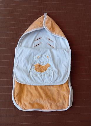 Детский велюровый конверт чехол в коляску автокресло спальник спальный мешок плед мишка оранжевый демисезонный деми унисекс мальчик девочка
