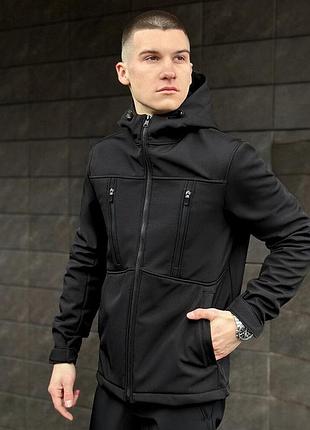 Чоловіча демісезонна куртка pobedov setup чорна софтшел з капюшоном