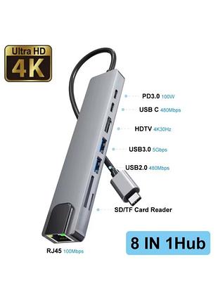 Алюминиевый usb hub hdmi rj45 8 в 1, универсальный type c to usb концентратор, usb 3.0 to type tf - rj45, юб хаб расширитель, внешняя сетевая карта