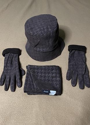 Стильний зимовий сет 3-в-1: панама, шарф та рукавички в принт «гусяча лапка»