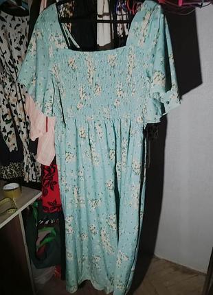 Длинное бирюзовое шифоновое платье в цветочках батал большой размер 24 26