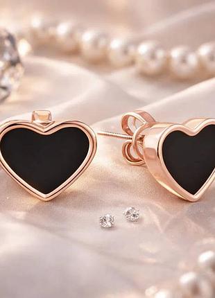 Позолочені сережки чорні сердечки медичне золото позолоченные сережки черные сердце медзолото