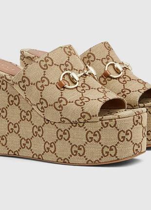 Мюлі сандалії шльопанці жіночі бежеві танкетці платформі текстиль канва бежеві