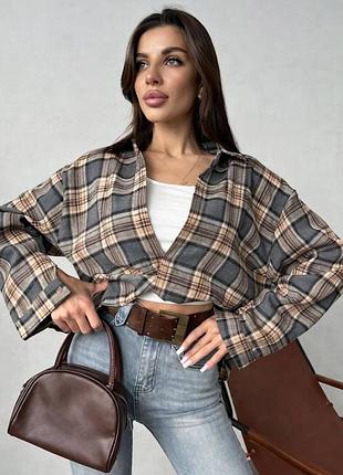 Жіноча сорочка в клітинку 2в1  трансформер шоколад сіра