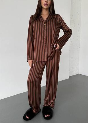 Женская шелковая пижама в четырех цветах рубашка + штаны свободный крой ткань шелк