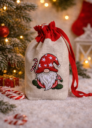 Мішечок для подарунків, новорічний мішечок для подарунків з вишивкою гном
