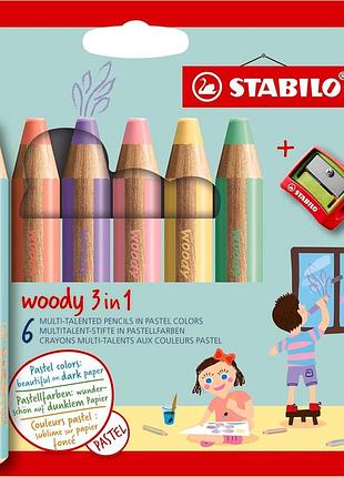 Олівці stabilo woody 3-в-1 набір 6 пастельних кольорів з точилкою