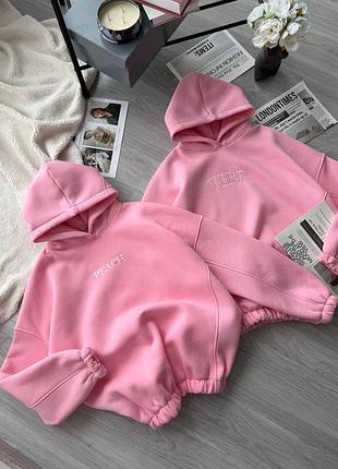 Жіночий оверсайз худі на флісі з капюшоном та акцентними вишивками «vibe» та «peach»