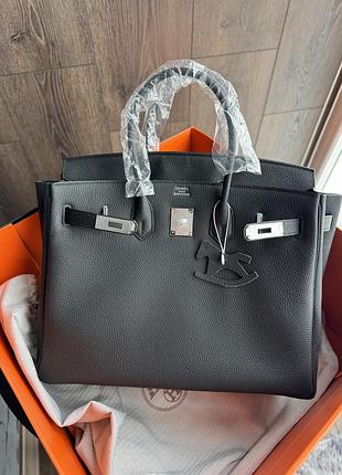 Сумка жіноча herme s birki n чорна 35 см натуральна шкіра чорна трендова сумочка срібна фурнітура