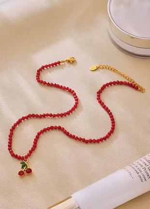 Ожерелье натуральные камни вишня нержавеющая сталь stainless steel