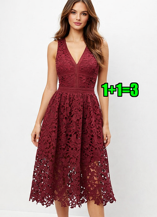 1+1=3** праздничное кружевное приталенное платье-миди бордо new look premium, размер 48 - 50