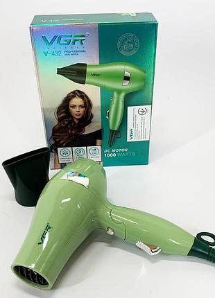 Фен для волосся дорожній vgr v-432 green, з концентратором 1000 вт, іонізація та 2 режими. колір: зелений