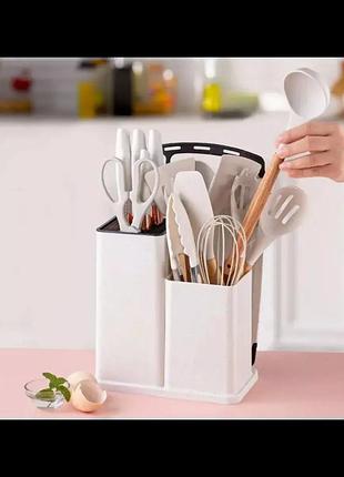 Белый набор кухонных принадлежностей 19 предметов с двойной подставкой доской набором ножей zp-0102