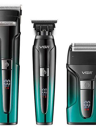 Комплект 3 в 1 vgr v-694 аккумуляторная машинка для стрижки, триммер и электробритва шейвер. цвет: синий