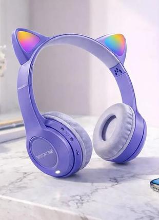 Бездротові навушники з котячими вушками та лід підсвічуванням cat ear y47 led, bluetooth навушники з мікрофоном бузковий