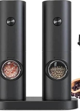 Мельница для специй,перца и соли,электромельница на аккум-ре с подсветкой 2 шт с подставкой grinder set black