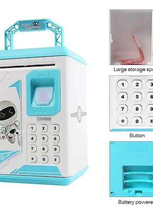 Голубая электронная копилка сейф с отпечатком пальца и кодовым замком «bodyguard» + купюроприемник