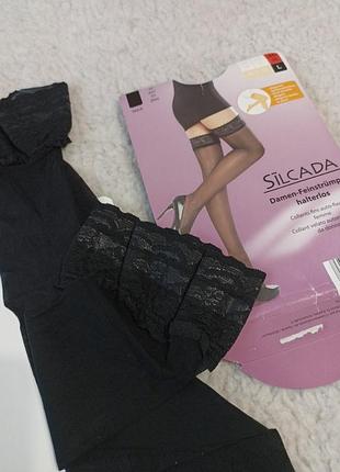Новые черные чулки на кружевной силиконовой резинке размер л