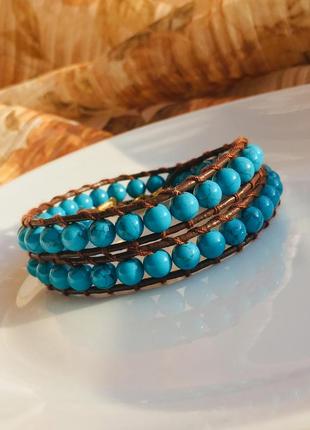 Кожаный браслет-обмотка из натуральной бирюзы, браслет в стиле chan luu