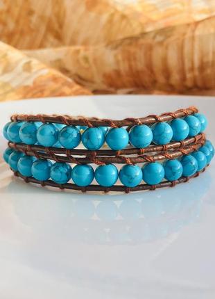 Кожаный браслет-обмотка из натуральной бирюзы, браслет в стиле chan luu