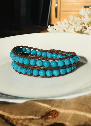 Кожаный браслет-обмотка из натуральной бирюзы, браслет в стиле chan luu