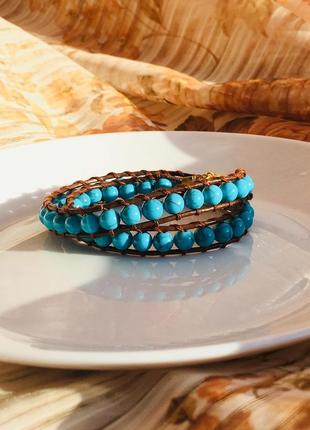 Кожаный браслет-обмотка из натуральной бирюзы, браслет в стиле chan luu