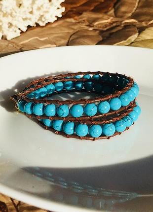Кожаный браслет-обмотка из натуральной бирюзы, браслет в стиле chan luu