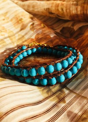 Кожаный браслет-обмотка из натуральной бирюзы, браслет в стиле chan luu
