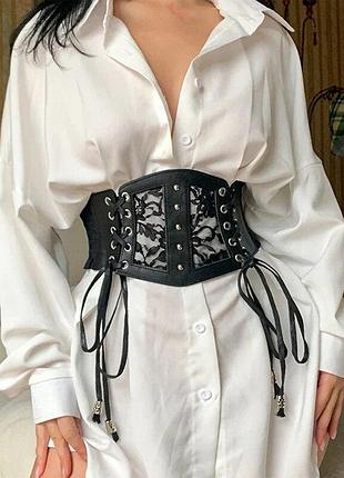 Корсет широкий пояс корректирующий поддерживающий с кружевом черный качественный готический