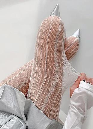 Колготки білі мереживний візерунок в смужку ажурні ретро y2k