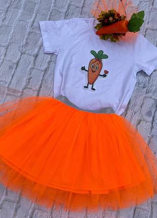 Святковий костюм для дівчинки морковка, 104-116 см (спідниця+футболка+обруч)