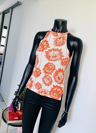 Топ topshop в рубчик с цветочным принтом, размер uk 10 (eur 38), белый с оранжевым