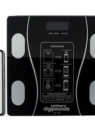 Умные напольные smart весы taffware digipounds digital scale 180 кг с батарейками led-дисплей bluetooth черный