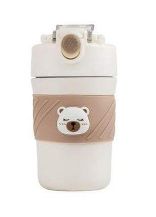 Термос детский «cute bear» поилка с трубочкой нержавеющая сталь 420 мл бежево-коричневый