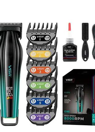 Тример vgr v-273 c 6 насадками акумуляторна машинка для стрижки дисплей чорний з зеленим 10 вт