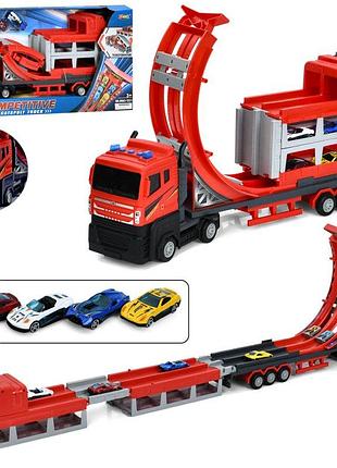 Игрушка фура-трек инерция 2в1 4 металлические машинки с длиной трассы 60 см красный