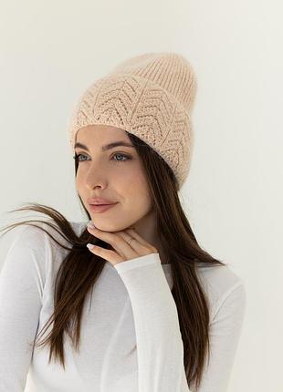 Женская вязаная шапка ангора ажур с флисовой подкладкой 60% ангора бежевый