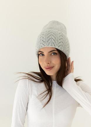 Женская вязаная шапка ангора ажур с флисовой подкладкой 60% ангора серый
