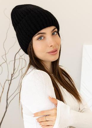 Теплая женская шапка "ангора лили" с флисовой подкладкой черный
