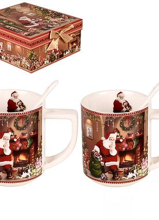 Чайный набор 2 чашки с ложками "новогодние подарки" керамика в подарочной коробке 280 мл красный