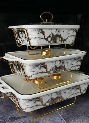 Набір з 3-х мармітів керамічних прямокутних kitchen з кришками із скла біло золотистий