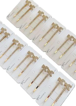 Набір заколки-невидимки з бантиком та камінцями 24 шт універсальний аксесуар для щоденного використання золотистий